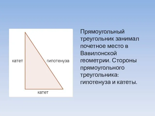 Прямоугольный треугольник занимал почетное место в Вавилонской геометрии. Стороны прямоугольного треугольника: гипотенуза и катеты.