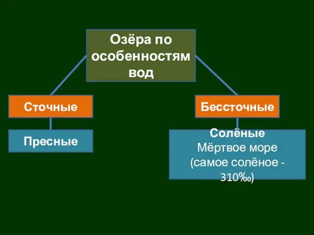 Озёра по особенностям вод Сточные Пресные Солёные Мёртвое море (самое солёное - 310‰) Бессточные