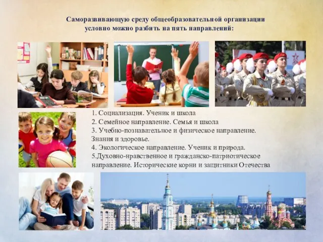 1. Социализация. Ученик и школа 2. Семейное направление. Семья и школа 3.