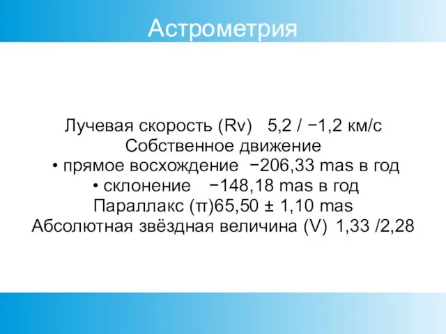 Астрометрия Лучевая скорость (Rv) 5,2 / −1,2 км/c Собственное движение • прямое