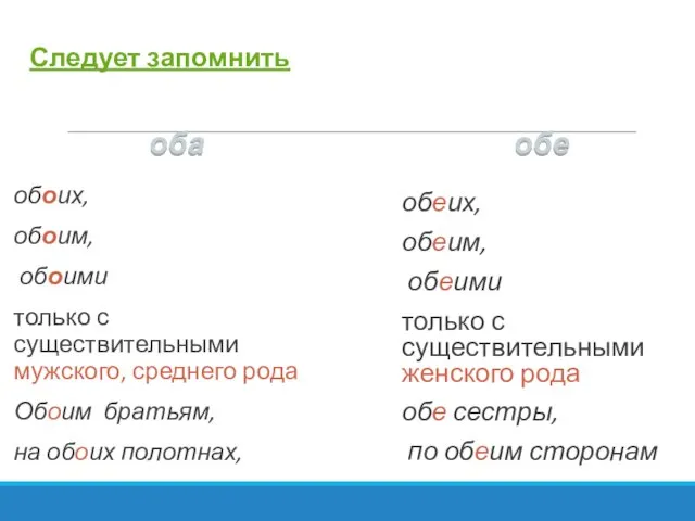 Следует запомнить оба обе обоих, обоим, обоими только с существительными мужского, среднего