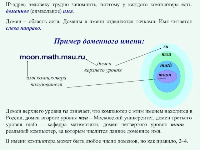 IP-адрес человеку трудно запомнить, поэтому у каждого компьютера есть доменное (символьное) имя.