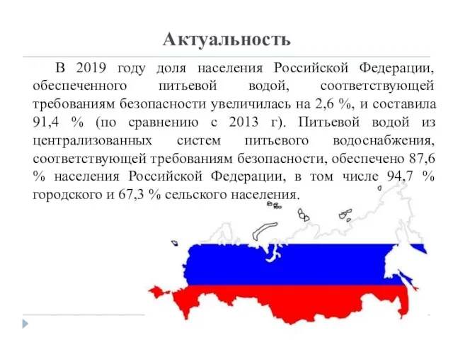 Актуальность В 2019 году доля населения Российской Федерации, обеспеченного питьевой водой, соответствующей