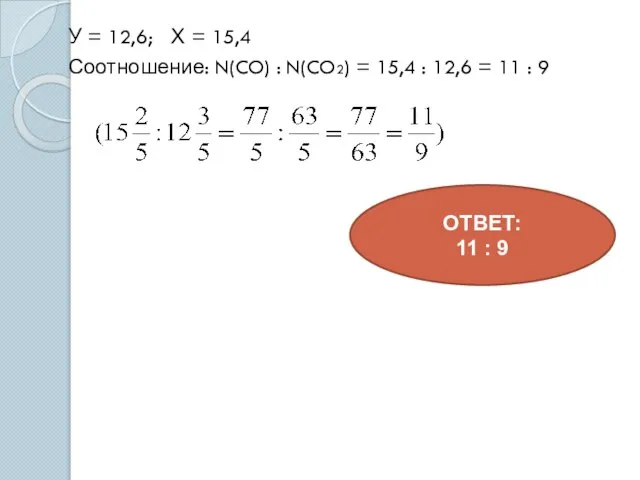 У = 12,6; Х = 15,4 Соотношение: N(CO) : N(CO2) = 15,4