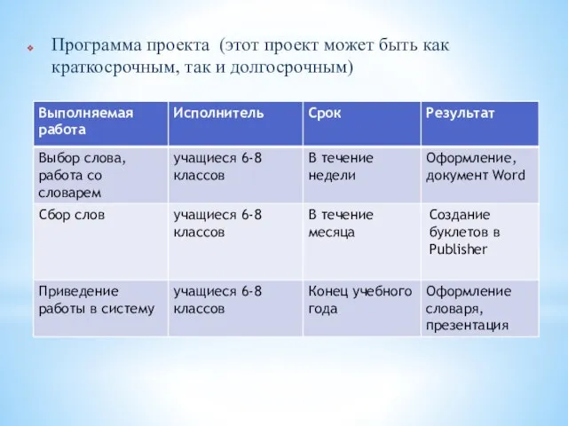 Программа проекта (этот проект может быть как краткосрочным, так и долгосрочным)