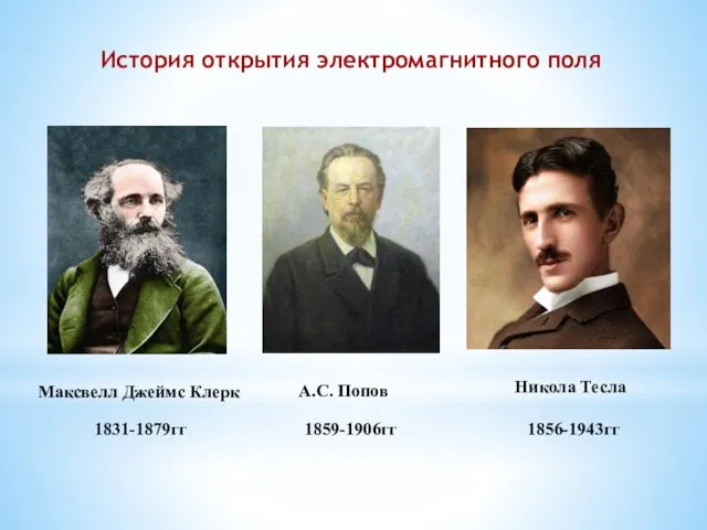 История открытия электромагнитного поля 1856-1943гг 1831-1879гг 1859-1906гг Максвелл Джеймс Клерк А.С. Попов Никола Тесла