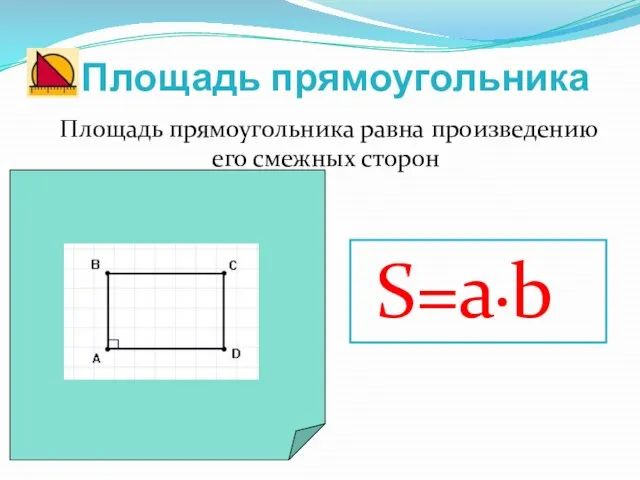 Площадь прямоугольника Площадь прямоугольника равна произведению его смежных сторон S=a•b