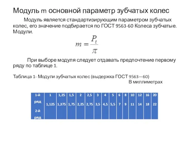 Модуль m основной параметр зубчатых колес Модуль является стандартизирующим параметром зубчатых колес,