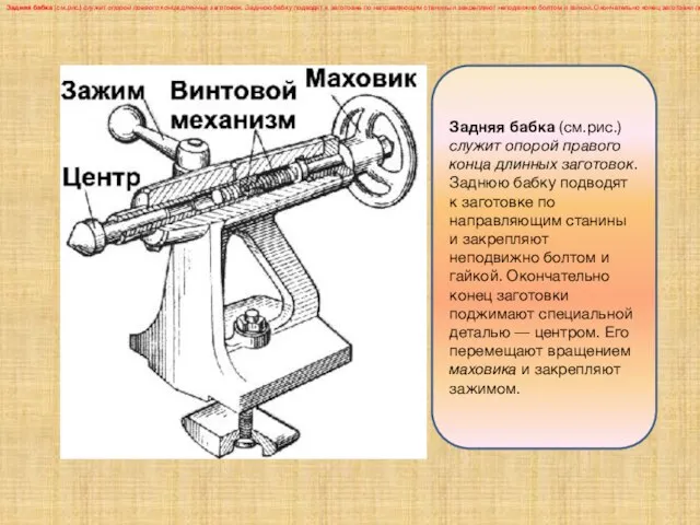 Задняя бабка (см.рис.) служит опорой правого конца длинных заготовок. Заднюю бабку подводят