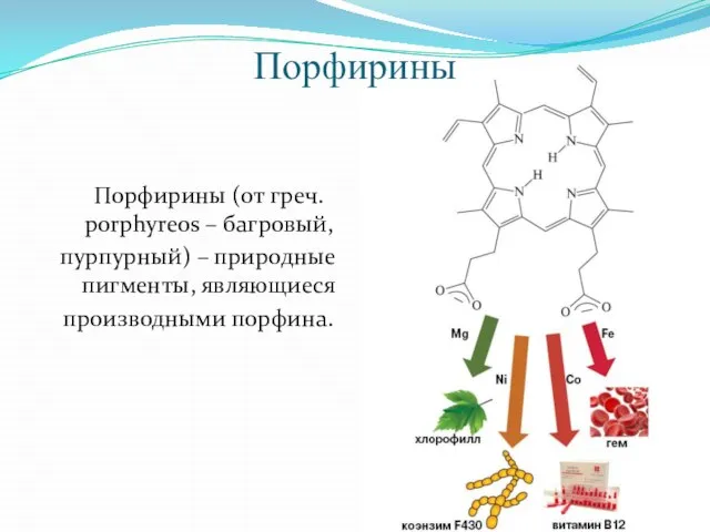 Порфирины (от греч. рorphyreos – багровый, пурпурный) – природные пигменты, являющиеся производными порфина. Порфирины