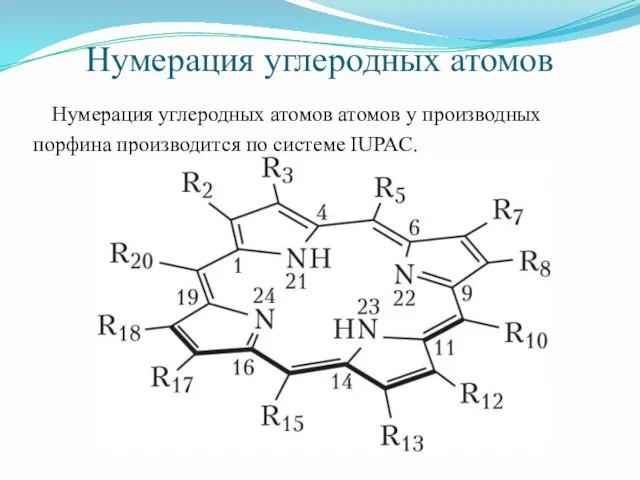 Нумерация углеродных атомов Нумерация углеродных атомов атомов у производных порфина производится по системе IUPAC.