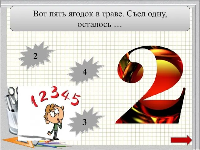 Вот пять ягодок в траве. Съел одну, осталось … 3 2 4