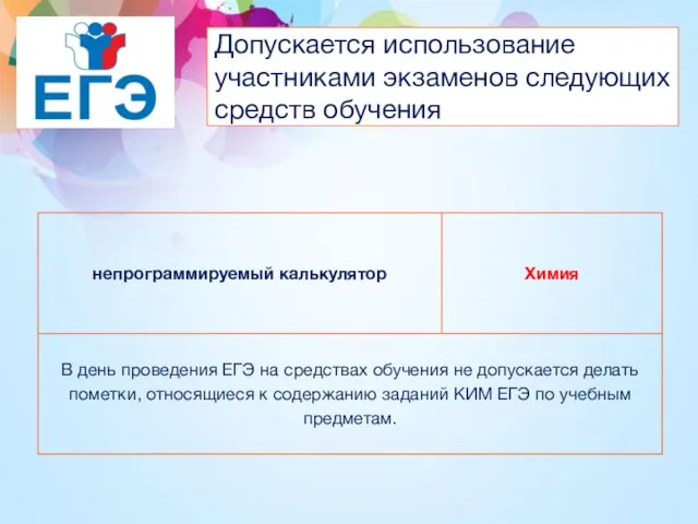 Допускается использование участниками экзаменов следующих средств обучения