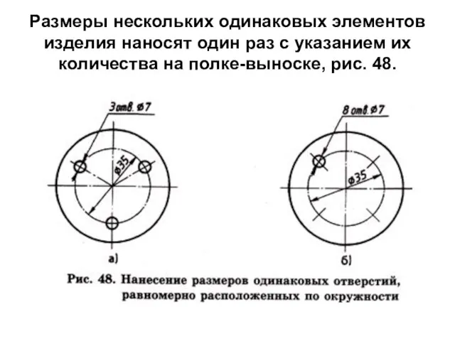 Размеры нескольких одинаковых элементов изделия наносят один раз с указанием их количества на полке-выноске, рис. 48.