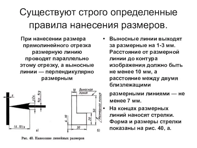 Существуют строго определенные правила нанесения размеров. При нанесении размера прямолинейного отрезка размерную