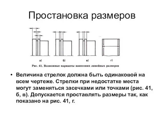 Простановка размеров Величина стрелок должна быть одинаковой на всем чертеже. Стрелки при