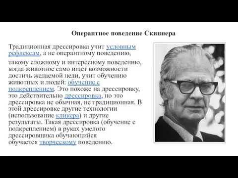 Оперантное поведение Скиннера Традиционная дрессировка учит условным рефлексам, а не оперантному поведению,