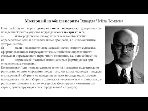 Молярный необихевиоризм Эдварда Чейза Томлена Они действуют через детерминанты поведения; детерминанты поведения