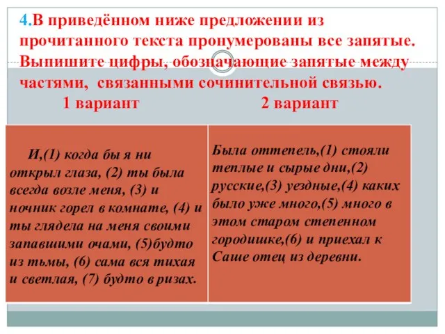 4.В приведённом ниже предложении из прочитанного текста пронумерованы все запятые. Выпишите цифры,