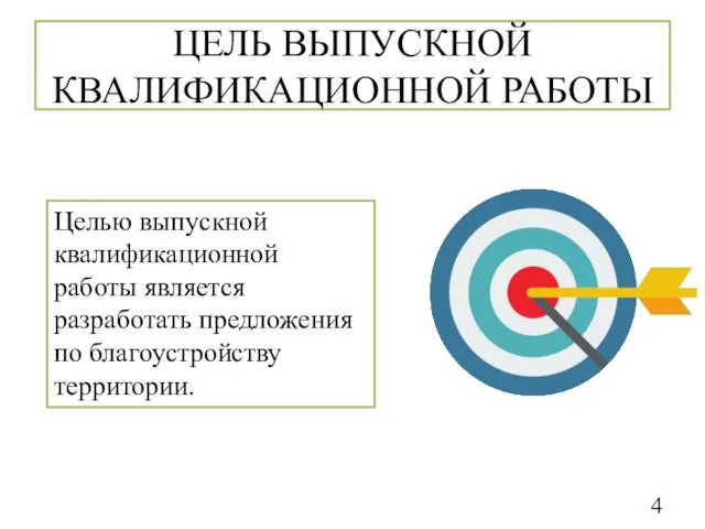 ЦЕЛЬ ВЫПУСКНОЙ КВАЛИФИКАЦИОННОЙ РАБОТЫ Целью выпускной квалификационной работы является разработать предложения по благоустройству территории.