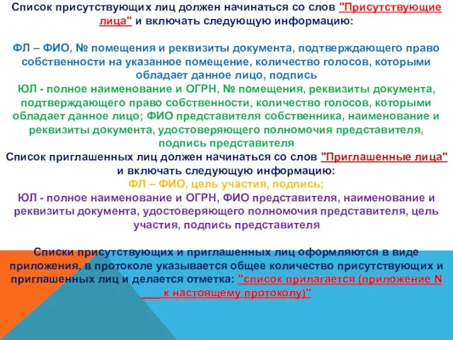 Список присутствующих лиц должен начинаться со слов "Присутствующие лица" и включать следующую