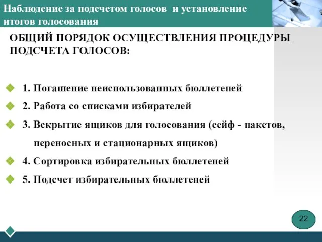 Наблюдение за подсчетом голосов и установление итогов голосования ОБЩИЙ ПОРЯДОК ОСУЩЕСТВЛЕНИЯ ПРОЦЕДУРЫ