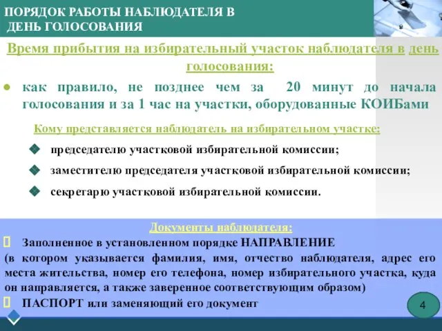 ПОРЯДОК РАБОТЫ НАБЛЮДАТЕЛЯ В ДЕНЬ ГОЛОСОВАНИЯ Время прибытия на избирательный участок наблюдателя