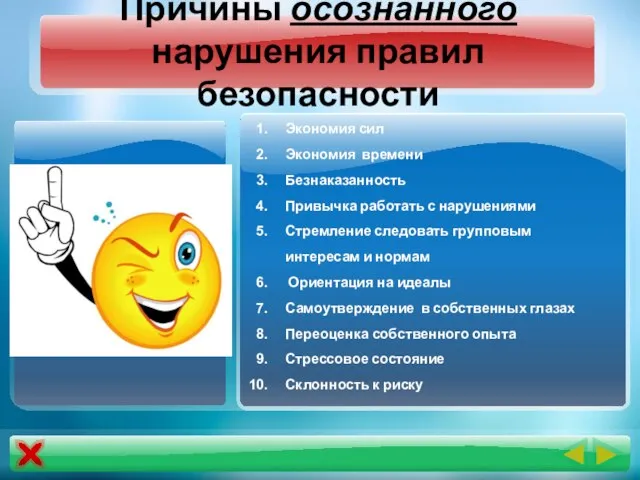 Причины осознанного нарушения правил безопасности Экономия сил Экономия времени Безнаказанность Привычка работать