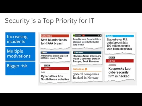 Increasing incidents Multiple motivations Bigger risk Security is a Top Priority for IT