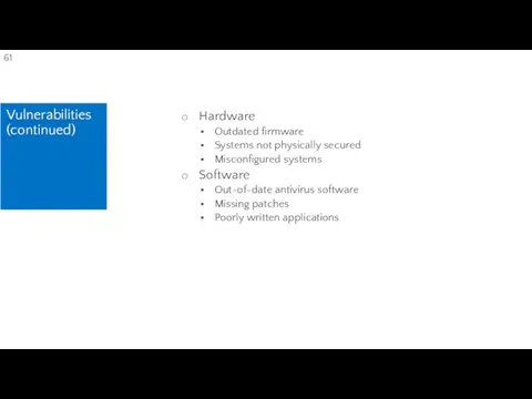 Vulnerabilities (continued) Hardware Outdated firmware Systems not physically secured Misconfigured systems Software