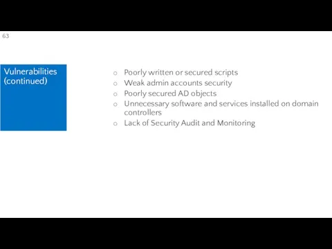 Vulnerabilities (continued) Poorly written or secured scripts Weak admin accounts security Poorly