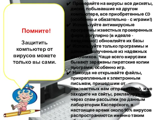 Помните! Проверяйте на вирусы все дискеты, диски, побывавшие на другом компьютере, все