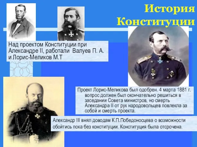 История Конституции Проект Лорис-Меликова был одобрен. 4 марта 1881 г. вопрос должен