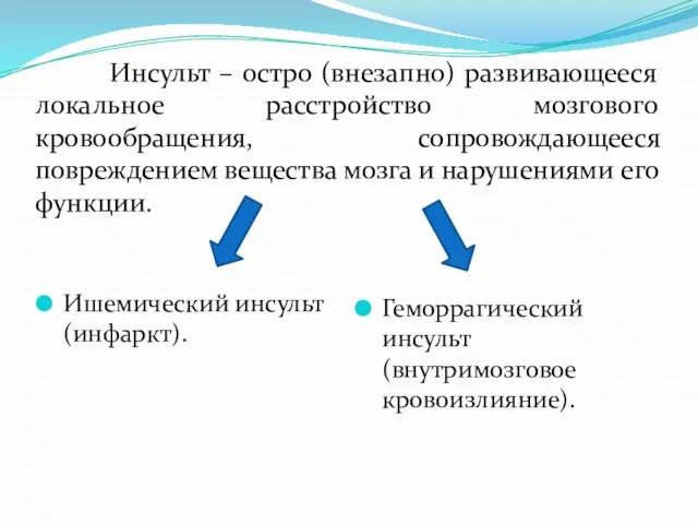 Инсульт – остро (внезапно) развивающееся локальное расстройство мозгового кровообращения, сопровождающееся повреждением вещества