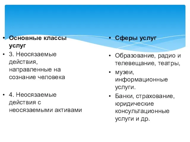 Основные классы услуг 3. Неосязаемые действия, направленные на сознание человека 4. Неосязаемые