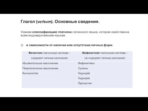 Глагол (verbum). Основные сведения. Укажем классификацию глаголов латинского языка, которая свойственна всем