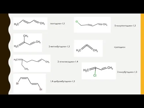 пентадиен-1,3 2-метилбутадиен-1,3 2-этилгексадиен-1,4 1,4-дибромбутадиен-1,3 5-хлорпентадиен-1,3 пропадиен 2-хлорбутадиен-1,3