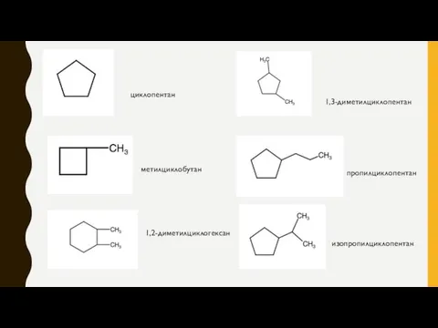 циклопентан метилциклобутан 1,2-диметилциклогексан 1,3-диметилциклопентан пропилциклопентан изопропилциклопентан