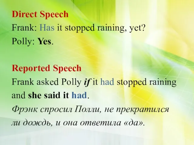Direct Speech Frank: Has it stopped raining, yet? Polly: Yes. Reported Speech