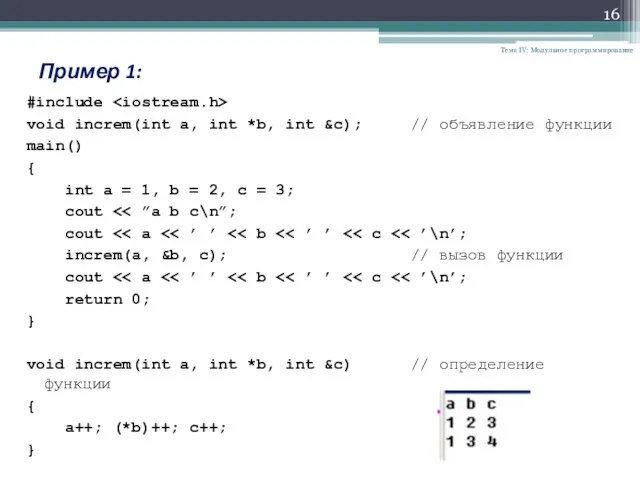 Тема IV: Модульное программирование Пример 1: #include void increm(int a, int *b,