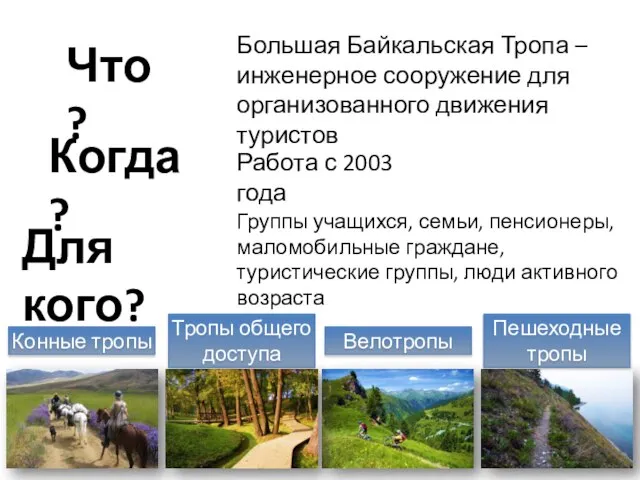 Что? Когда? Для кого? Тропы общего доступа Конные тропы Велотропы Пешеходные тропы