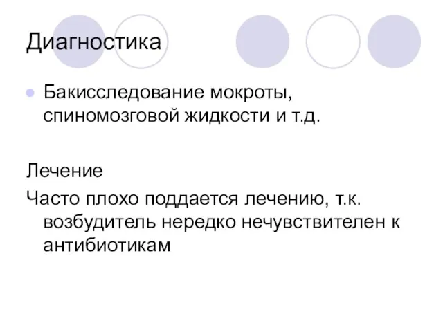 Диагностика Бакисследование мокроты, спиномозговой жидкости и т.д. Лечение Часто плохо поддается лечению,