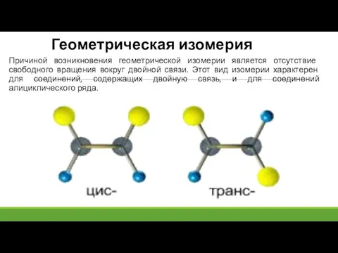 Причиной возникновения геометрической изомерии является отсутствие свободного вращения вокруг двойной связи. Этот