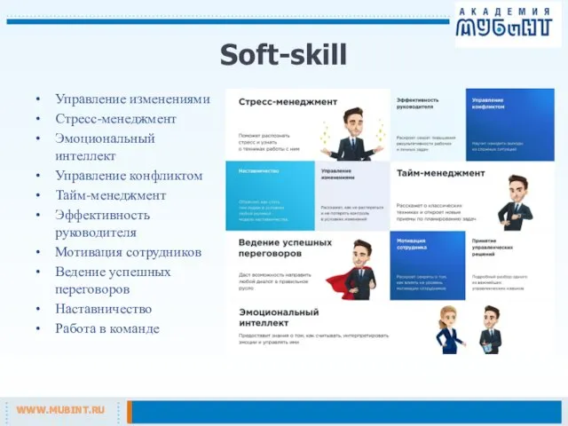 Soft-skill Управление изменениями Стресс-менеджмент Эмоциональный интеллект Управление конфликтом Тайм-менеджмент Эффективность руководителя Мотивация