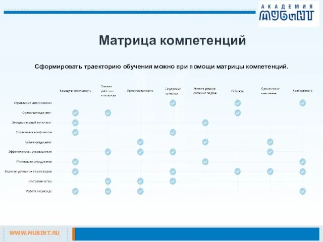 Матрица компетенций Сформировать траекторию обучения можно при помощи матрицы компетенций.