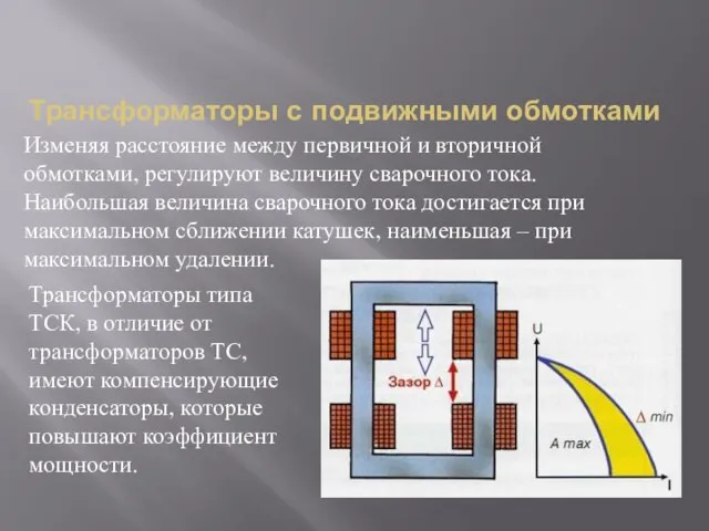 Трансформаторы с подвижными обмотками Изменяя расстояние между первичной и вторичной обмотками, регулируют