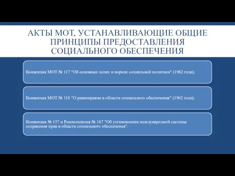 АКТЫ МОТ, УСТАНАВЛИВАЮЩИЕ ОБЩИЕ ПРИНЦИПЫ ПРЕДОСТАВЛЕНИЯ СОЦИАЛЬНОГО ОБЕСПЕЧЕНИЯ Конвенция МОТ № 117