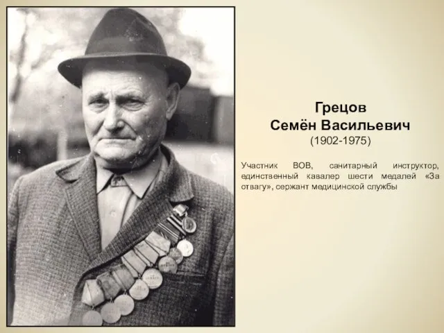 Грецов Семён Васильевич (1902-1975) Участник ВОВ, санитарный инструктор, единственный кавалер шести медалей