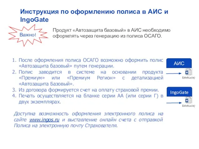 Инструкция по оформлению полиса в АИС и IngoGate Важно! Продукт «Автозащита базовый»