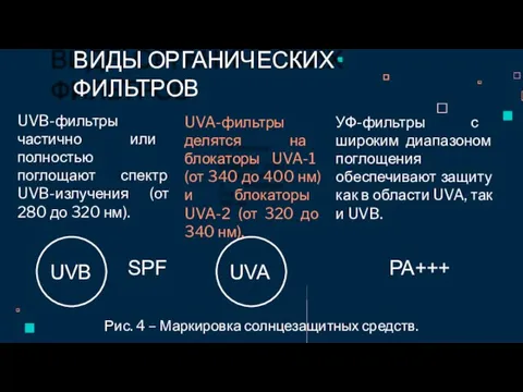 ВИДЫ ОРГАНИЧЕСКИХ ФИЛЬТРОВ UVB-фильтры частично или полностью поглощают спектр UVB-излучения (от 280